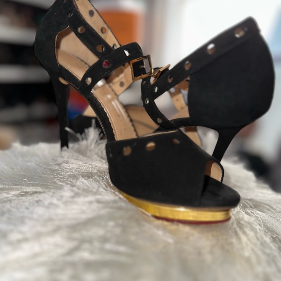 Charlotte Olympia Black Stiletto Heels with Gold Platform 37.5 EU - Picture 1 of 11